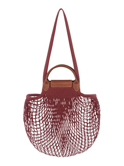 Longchamp Le Pliage Filet' Red Mahogany Handbag With Engraved Logo In Mesh In Burgundy