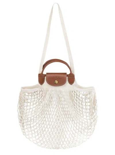 Longchamp Le Pliage Filet' White Handbag With Engraved Logo In Mesh