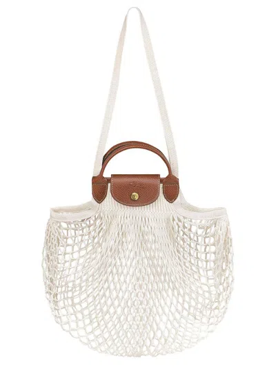 Longchamp 'le Pliage Filet' White Handbag With Engraved Logo In Mesh Woman