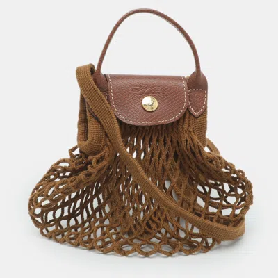Pre-owned Longchamp Le Pliage Filet Xs Off Khaki Fabric Mesh And Leather Crossbody In Brown