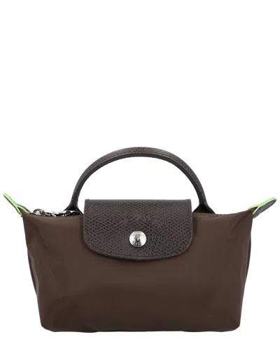 Longchamp Le Pliage Green Canvas Pouch With Handle In Brown