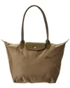 Longchamp Le Pliage Green Large Canvas Long Handle Tote In Green