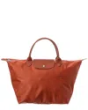 Shop Longchamp Le Pliage Green Medium Canvas Handbag In Red