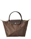 Longchamp Le Pliage Green Small Canvas Short Handle Handbag In Brown