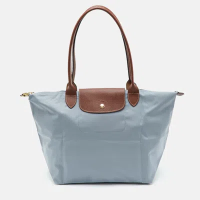 Longchamp Le Pliage Large Grey/brown Nylon And Leather Tote In Blue
