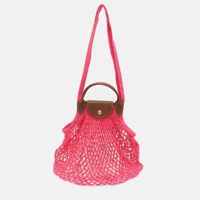 Pre-owned Longchamp Le Pliage Large Pink Felt Mesh And Leather Shoulder Bag