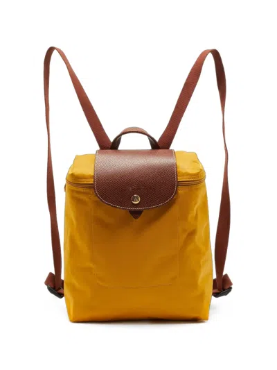 Pre-owned Longchamp Le Pliage Leather Backpack In Yellow