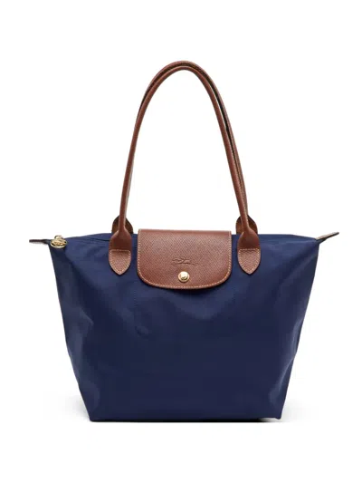 Pre-owned Longchamp Le Pliage Leather Flap Tote Bag In Blue