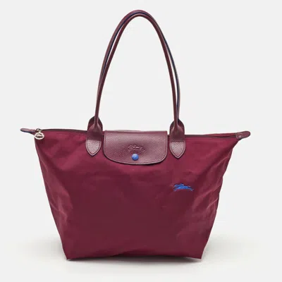 Pre-owned Longchamp Le Pliage Medium Burgundy Nylon And Leather Tote
