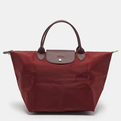 Pre-owned Longchamp Le Pliage Medium Burgundy Nylon And Leather Tote