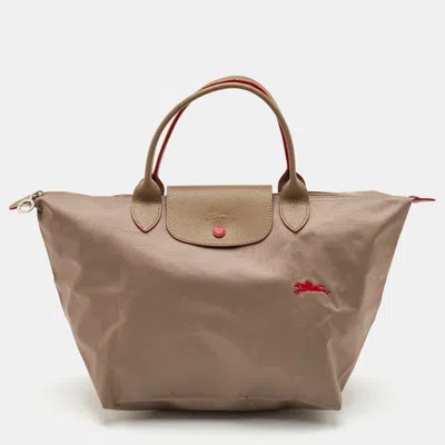 Pre-owned Longchamp Le Pliage Medium Khaki Beige Nylon And Leather Tote In Sand