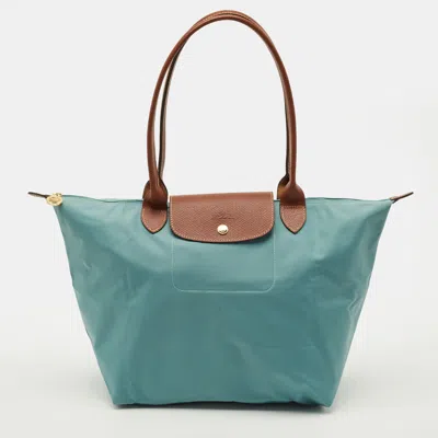 Pre-owned Longchamp Le Pliage Medium Light Blue/brown Nylon And Leather Tote