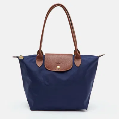 Pre-owned Longchamp Le Pliage Medium Navy Blue Leather And Nylon Tote
