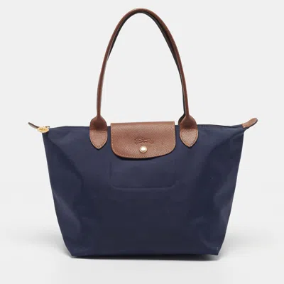 Pre-owned Longchamp Le Pliage Medium Nylon And Leather Tote In Blue
