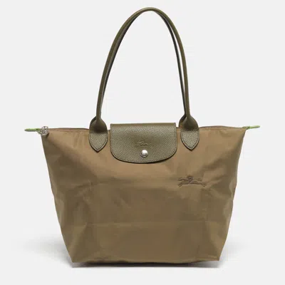 Pre-owned Longchamp Le Pliage Medium Olive Green Nylon Tote