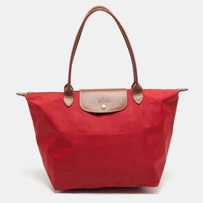 Pre-owned Longchamp Le Pliage Medium Red Nylon Tote
