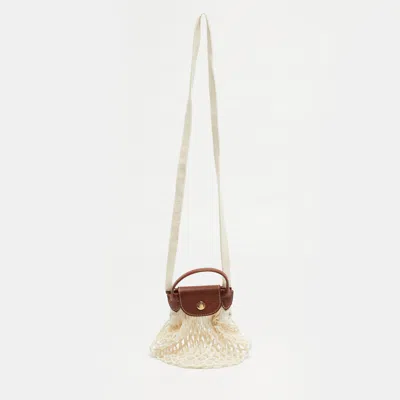 Pre-owned Longchamp Le Pliage Mini Off White/brown Leather And Net Crossbody Bag