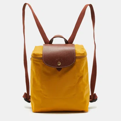 Pre-owned Longchamp Le Pliage Mustard/brown Nylon And Leather Backpack In Yellow