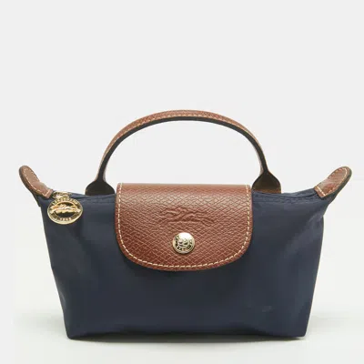 Pre-owned Longchamp Le Pliage Navy Blue/brown Nylon Handle Pouch