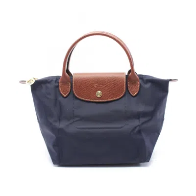 Longchamp Le Pliage Navy Canvas Leather Tote Bag In Multi