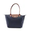Longchamp Le Pliage Navy Leather Canvas Tote Bag In Multi