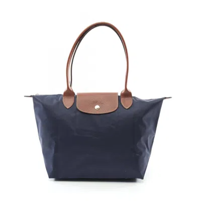 Longchamp Le Pliage Navy Leather Canvas Tote Bag In Multi