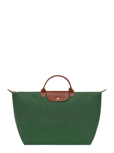 LONGCHAMP LE PILAGE ORIGINAL GREEN LARGE HANDBAG WITH EMBOSSED LOGO AND LEATHER TRIM IN CANVAS WOMAN