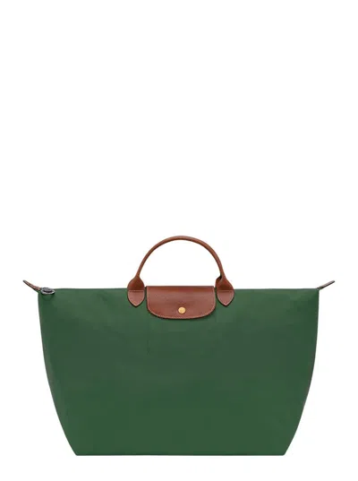 LONGCHAMP 'LE PILAGE ORIGINAL' GREEN LARGE HANDBAG WITH EMBOSSED LOGO AND LEATHER TRIM IN CANVAS WOMAN