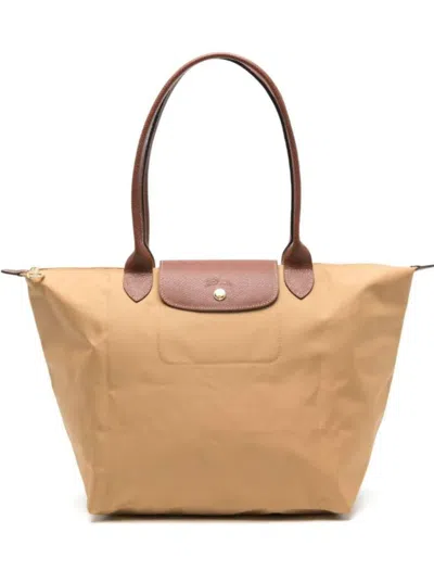 Longchamp 'le Pliage Original' Beige Shoulder Bag With Embossed Logo In Canvas Woman