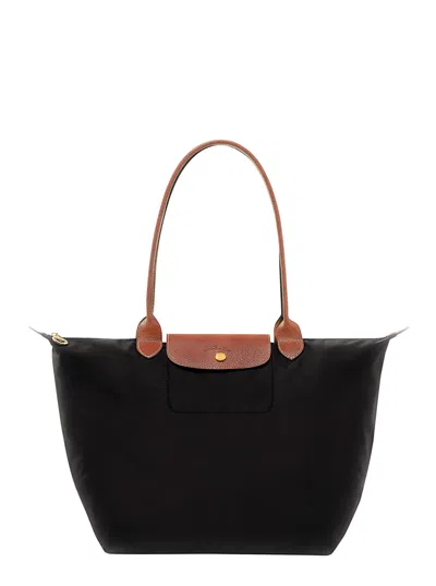 Longchamp Le Pliage Original Black Shoulder Bag With Embossed Logo In Canvas Woman
