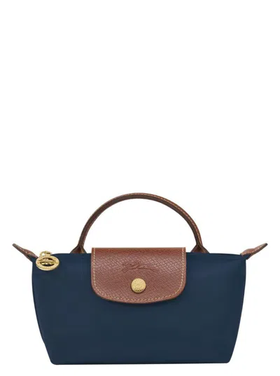 Longchamp 'le Pliage Original' Blue Mini Bag With Logo Engraved On The Front In Leather And Canvas Woman