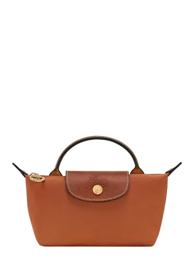 Longchamp 'le Pliage Original' Brown Handbag With Logo Engraved On The Front In Leather And Canvas Woman