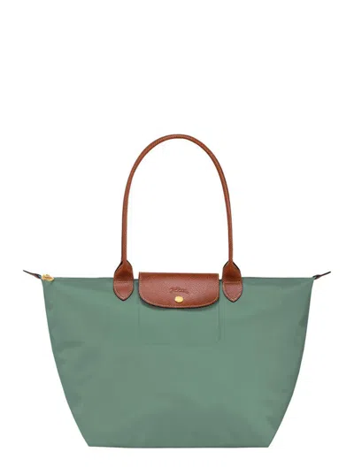 Longchamp 'le Pliage Original' Green Shoulder Bag With Embossed Logo In Canvas Woman