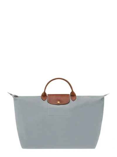 Longchamp Le Pliage Original' Grey Tote Bag With Embossed Logo And Leather Trim In Canvas