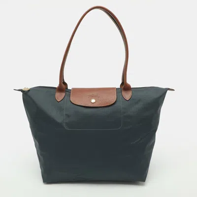Pre-owned Longchamp Le Pliage Original L Graphite Nylon Tote In Blue