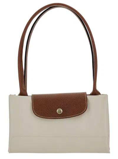 Longchamp 'le Pliage Original' White Shoulder Bag With Embossed Logo In Canvas Woman