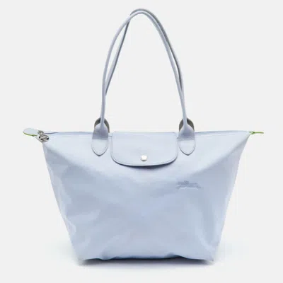 Pre-owned Longchamp Le Pliage Pastel Blue Leather And Nylon Tote