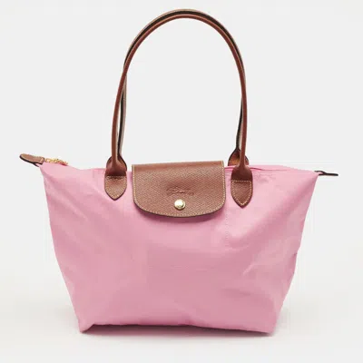 Pre-owned Longchamp Le Pliage Pink/brown Leather And Nylon Tote