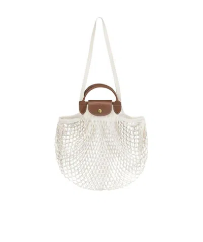 Longchamp Le Pliage Filet White Handbag With Engraved Logo In Mesh Woman