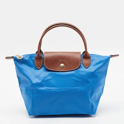 Pre-owned Longchamp Le Pliage Small Blue/brown Nylon And Leather Tote