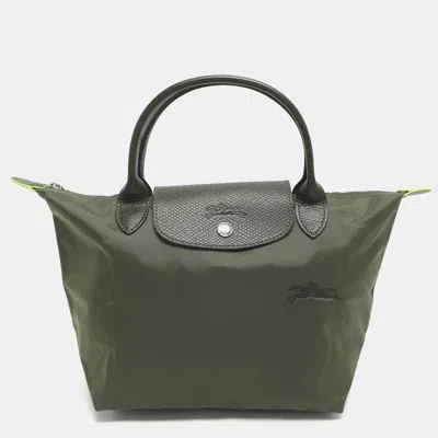 Pre-owned Longchamp Le Pliage Small Green Nylon And Leather Short Tote