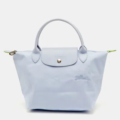 Pre-owned Longchamp Le Pliage Small Light Blue Nylon And Leather Tote