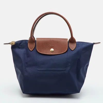 Pre-owned Longchamp Le Pliage Small Navy Blue/brown Nylon And Leather Tote