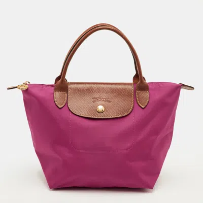 Longchamp Le Pliage Small Pink/brown Nylon And Leather Tote