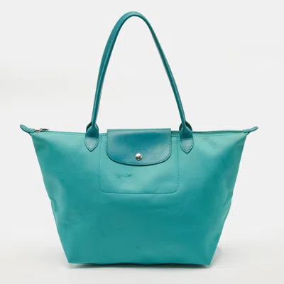 Pre-owned Longchamp Le Pliage Teal Green Nylon And Leather Tote