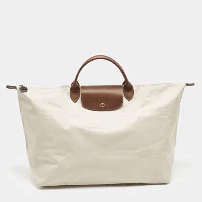 Pre-owned Longchamp Le Pliage Travel Cream/brown Nylon Tote In White