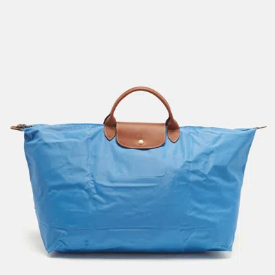 Pre-owned Longchamp Le Pliage Travel M Blue/brown Leather And Nylon Bag