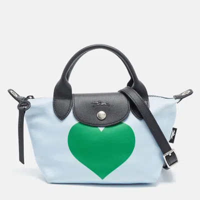Pre-owned Longchamp Le Pliage Xs Light Blue Heart Print Satin Tote