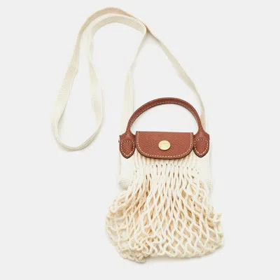 Pre-owned Longchamp Le Pliage Xs Off White/brown Leather And Mesh Crossbody Bag