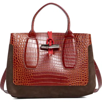 Longchamp Le Roseau Medium Mixed Leather Handbag In Brown